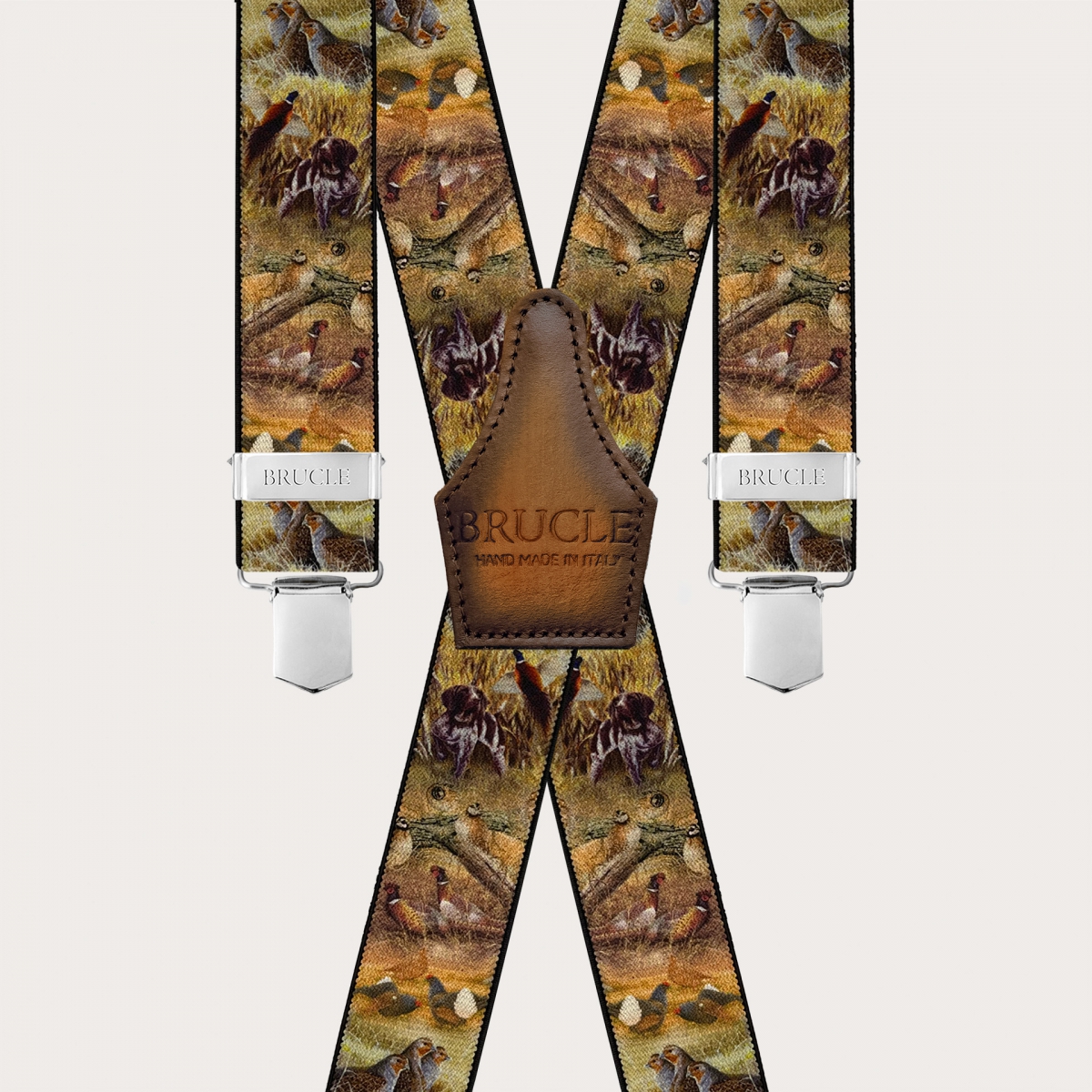 Brown X-back suspenders with animal pattern