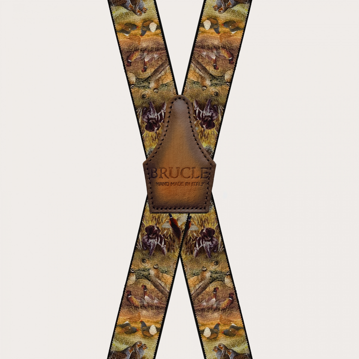 Brown X-back suspenders with animal pattern