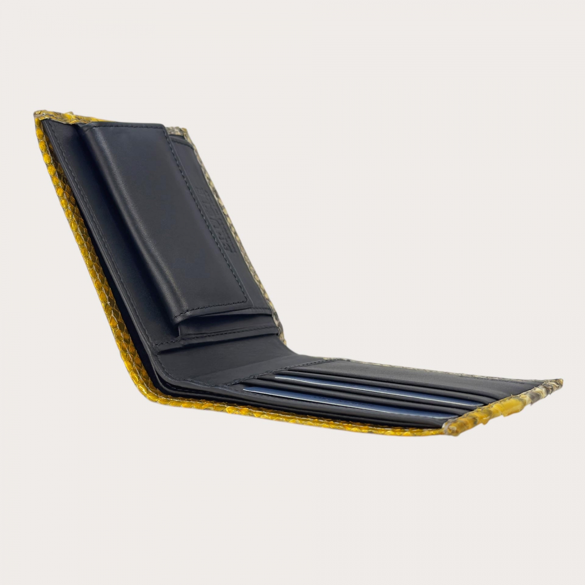 Portefeuille en python avec porte-monnaie jaune patiné