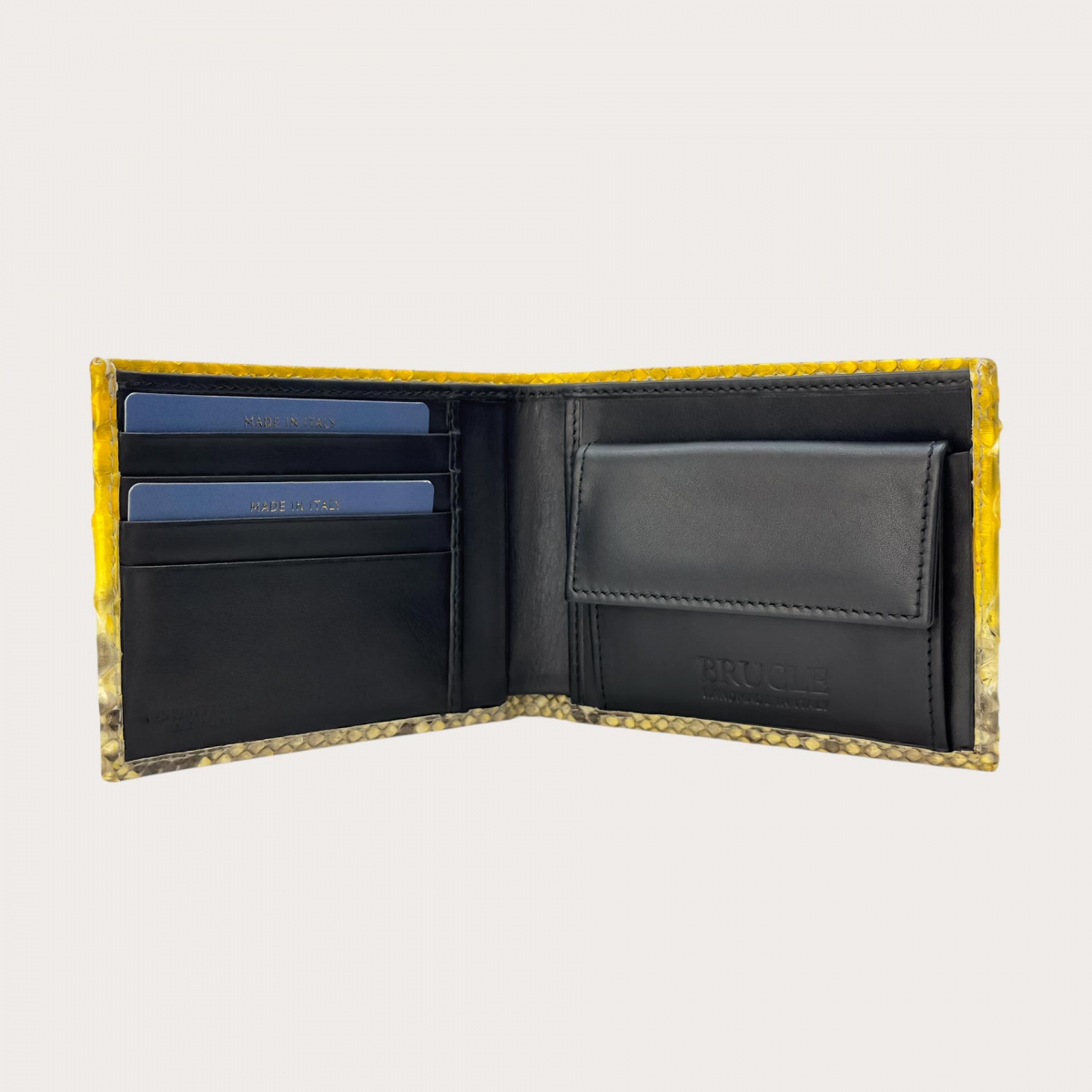 Portefeuille en python avec porte-monnaie jaune patiné