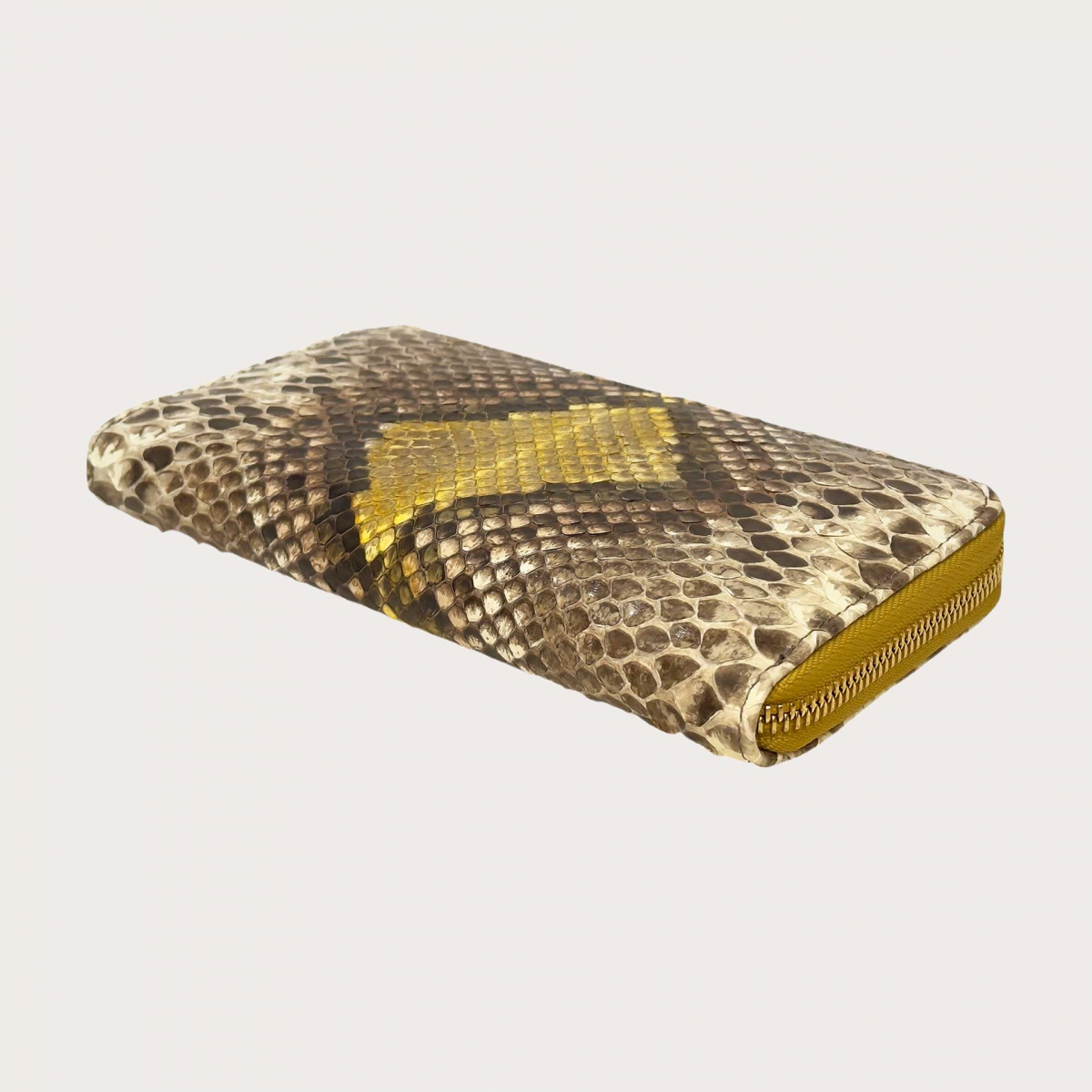 Portefeuille femme en python beige et jaune