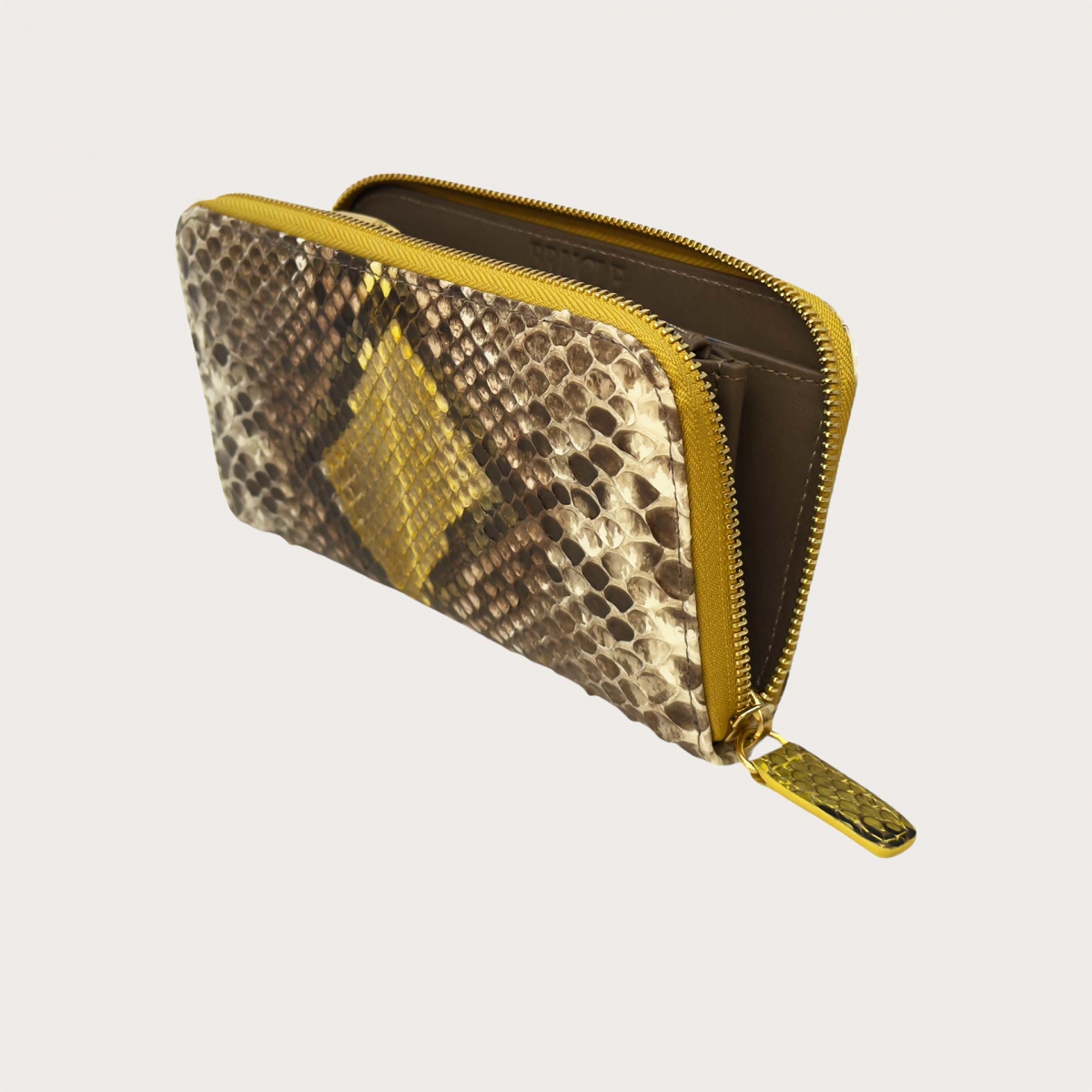 Damen-Geldbörse aus handgetöntem Python in Beige und Gelb