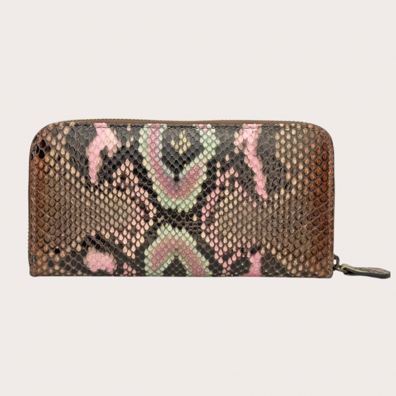 Portefeuille femme en python patiné marron et rose
