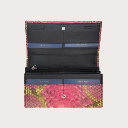 Women’s wallet with flap in hand-shaded pink and yellow python leather