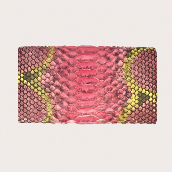 Portefeuille femme à rabat en python patiné rose et jaune