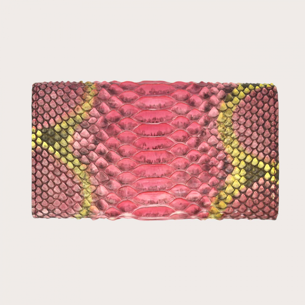 Portefeuille femme à rabat en python patiné rose et jaune