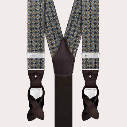 Braune Hosenträger aus Jacquardseide mit Blumenmuster für Clips oder Knöpfe