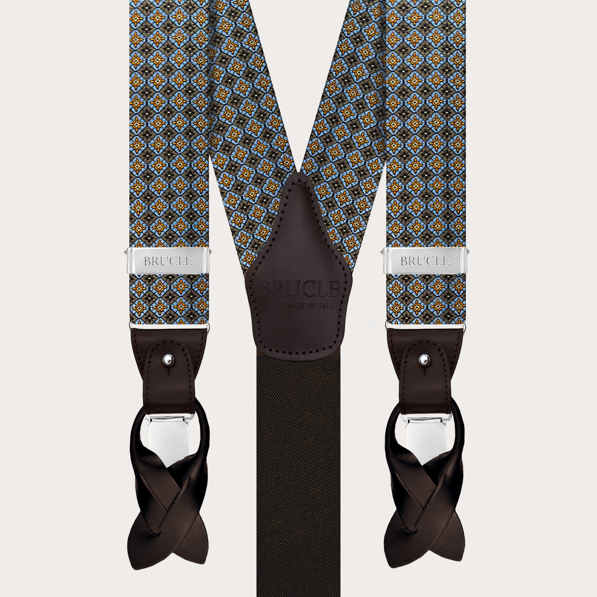 Bretelles marron à fleurs en soie jacquard pour pinces ou boutons