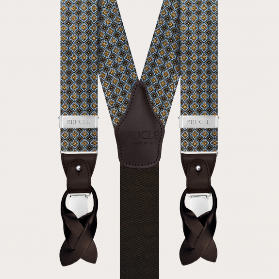 Bretelle marroni a fiori in seta jacquard per clip o bottoni