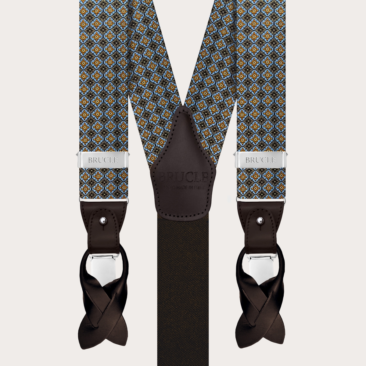 Bretelles marron à fleurs en soie jacquard pour pinces ou boutons