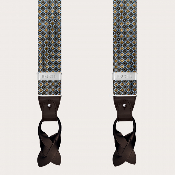 Bretelle marroni a fiori in seta jacquard per clip o bottoni