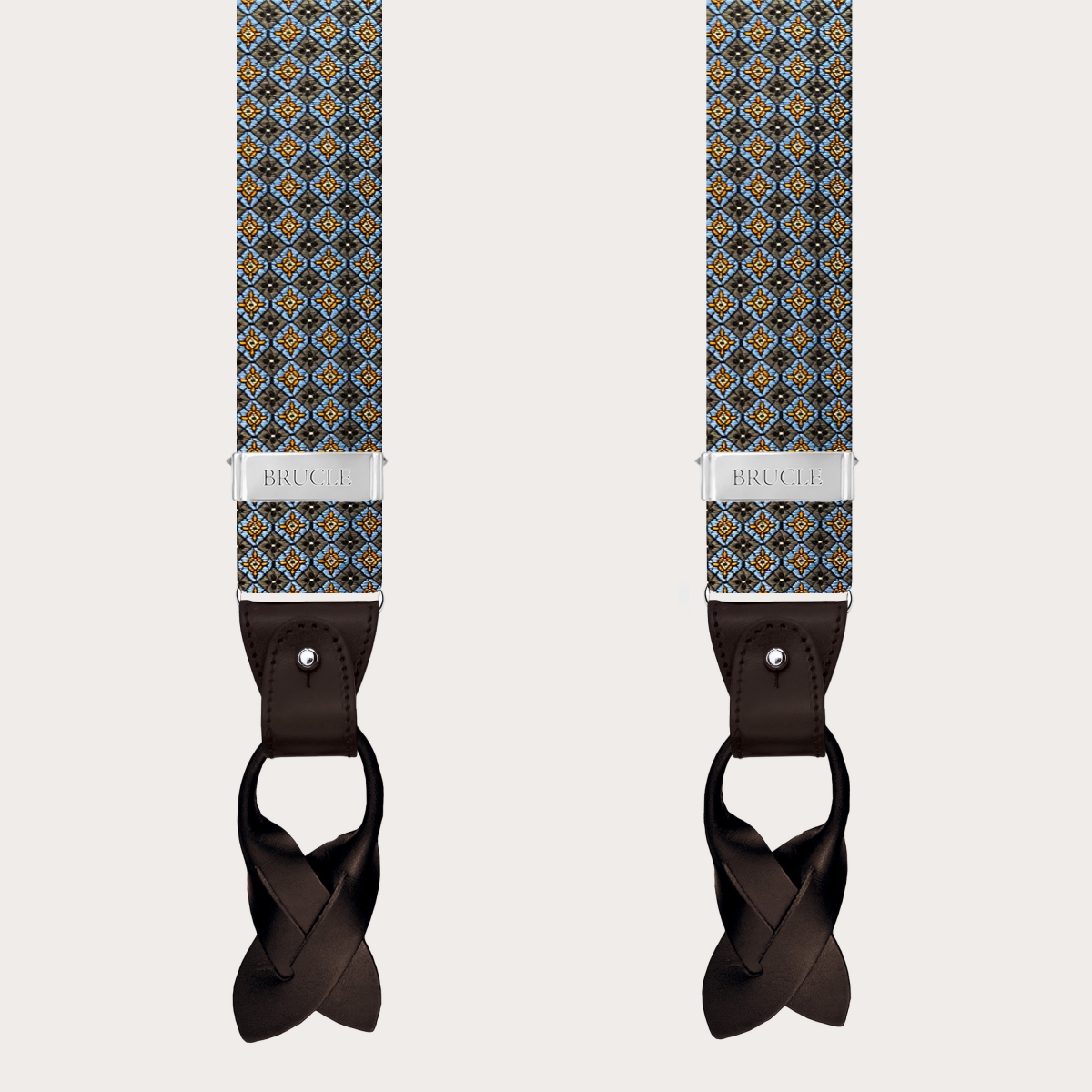 Braune Hosenträger aus Jacquardseide mit Blumenmuster für Clips oder Knöpfe