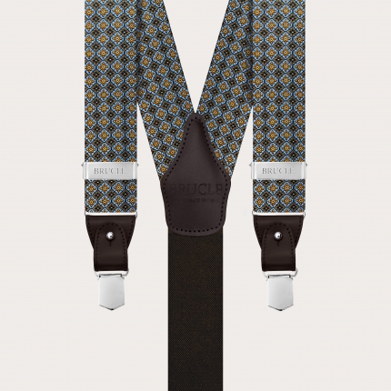 Bretelle marroni a fiori in seta jacquard per clip o bottoni