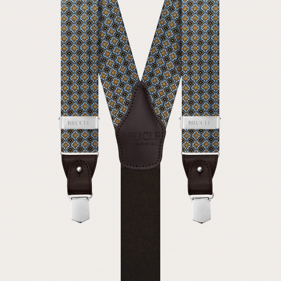 Braune Hosenträger aus Jacquardseide mit Blumenmuster für Clips oder Knöpfe