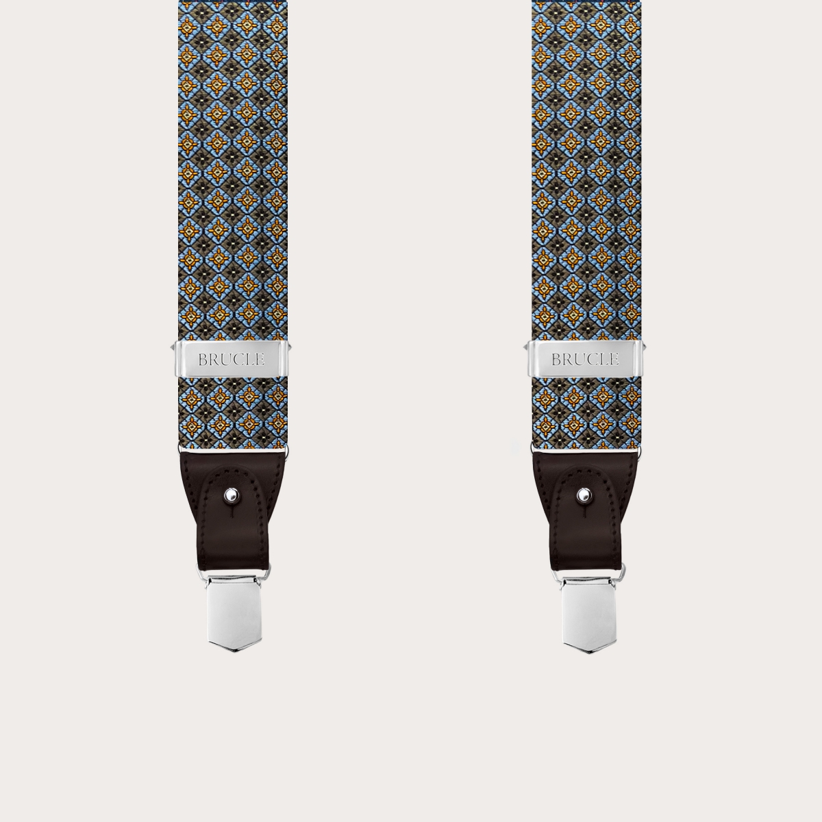 Bretelle marroni a fiori in seta jacquard per clip o bottoni