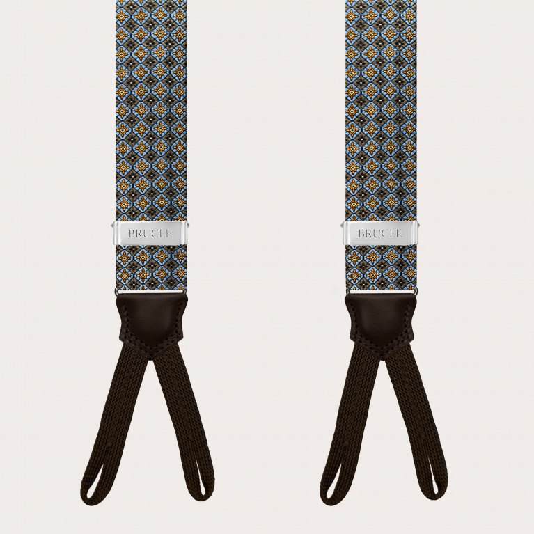 Brown floral jacquard silk suspenders with button loops