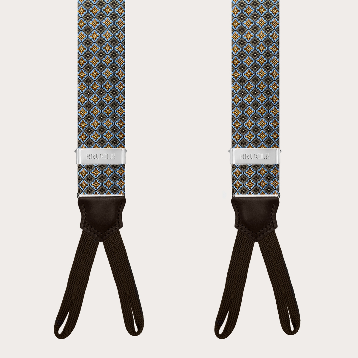 Bretelle marroni in seta jacquard a fiori con asole per bottoni