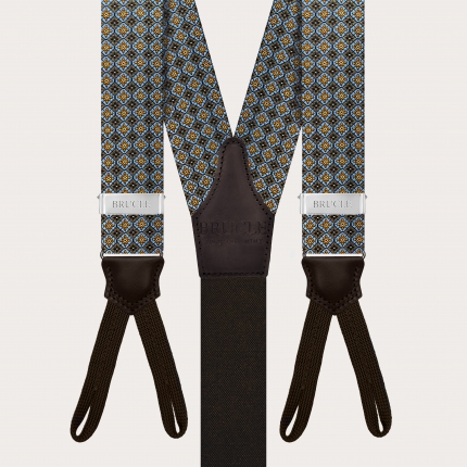 Tirantes marrones de seda jacquard con flores y ojales para botones