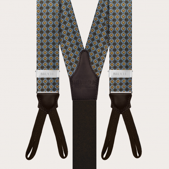 Brown floral jacquard silk suspenders with button loops