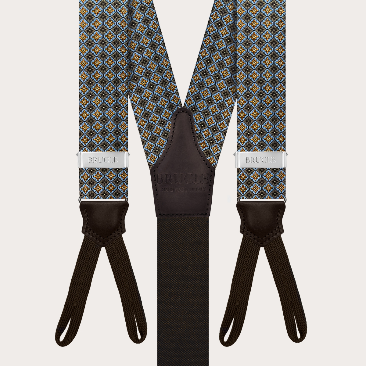 Brown floral jacquard silk suspenders with button loops