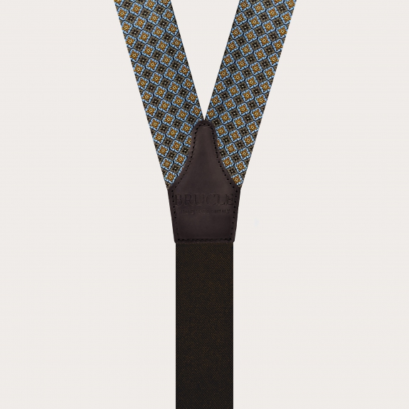 Bretelle marroni in seta jacquard a fiori con asole per bottoni