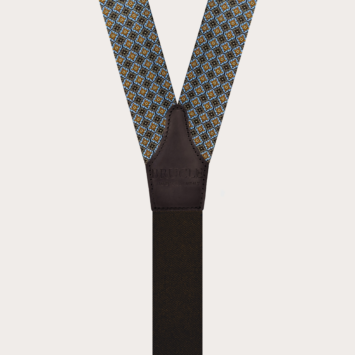 Bretelle marroni in seta jacquard a fiori con asole per bottoni