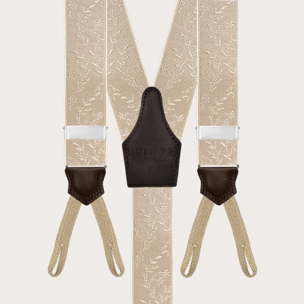 Beige suspenders for buttons with tone-on-tone floral pattern