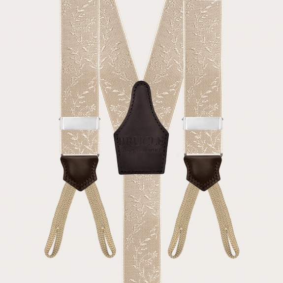 Beige Hosenträger für Knöpfe mit Ton-in-Ton-Blumenmuster