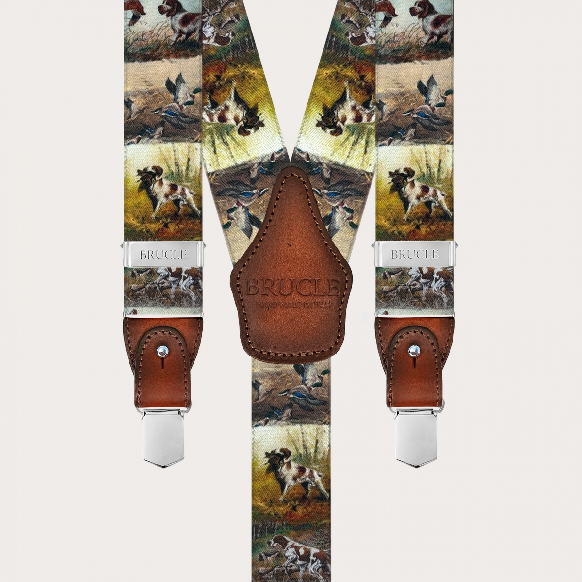 Men’s hunting dog pattern suspenders with buttons or clips