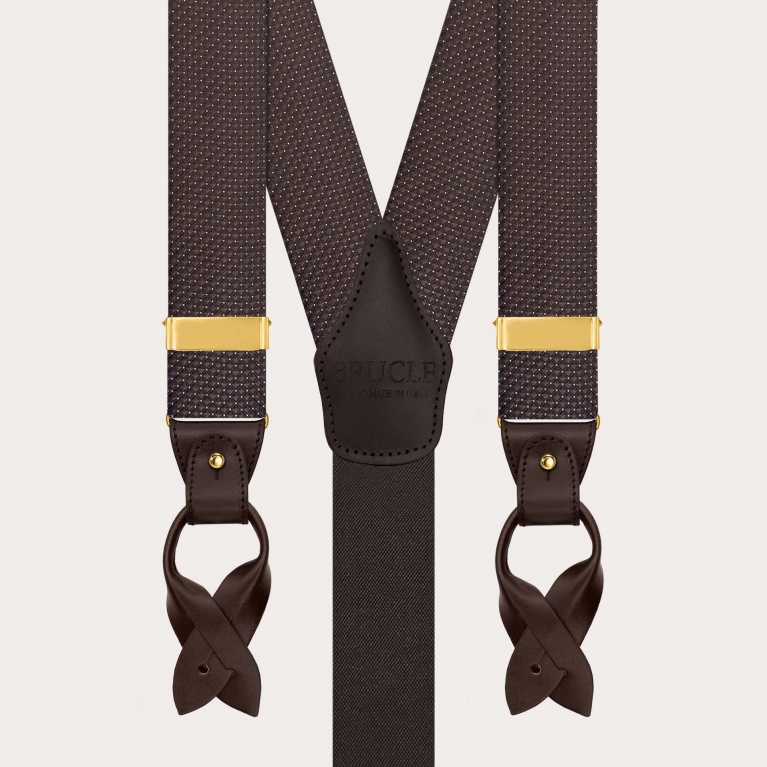 Men’s brown pin-dot silk suspenders with buttons and gold clips