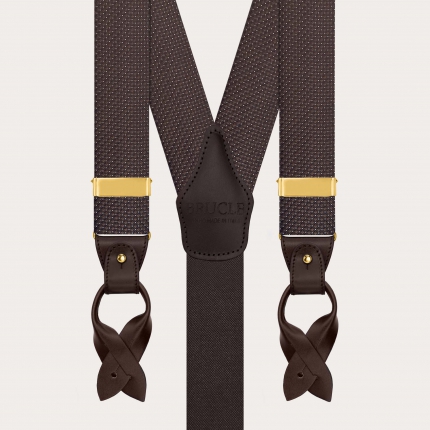 Men’s brown pin-dot silk suspenders with buttons and gold clips