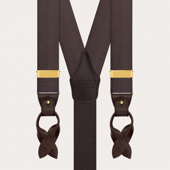 Men’s brown pin-dot silk suspenders with buttons and gold clips