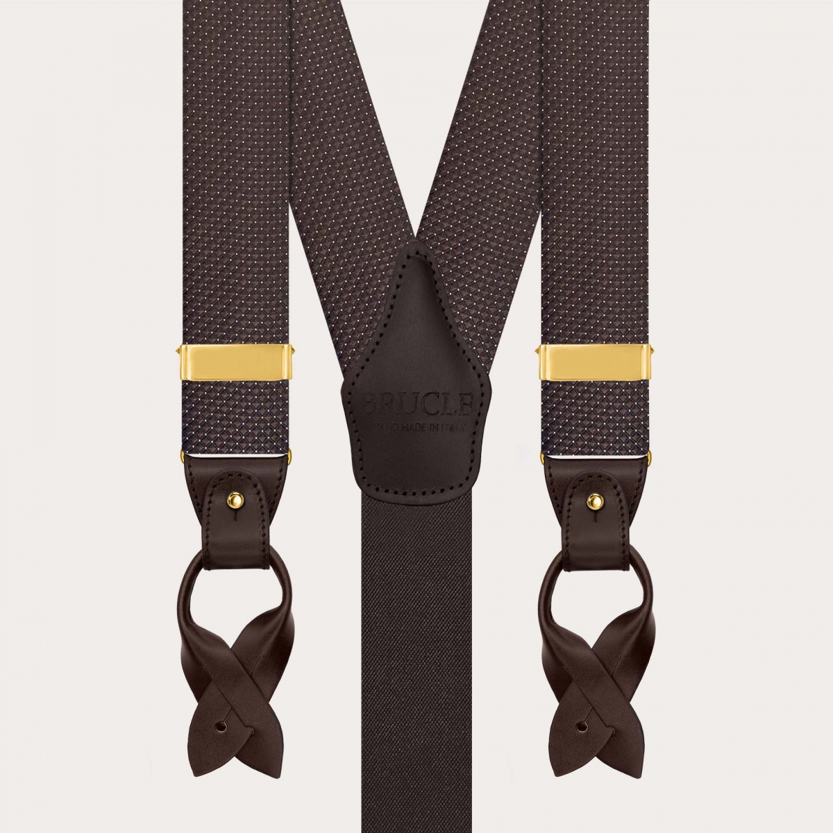 Men’s brown pin-dot silk suspenders with buttons and gold clips