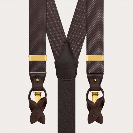 Men’s brown pin-dot silk suspenders with buttons and gold clips