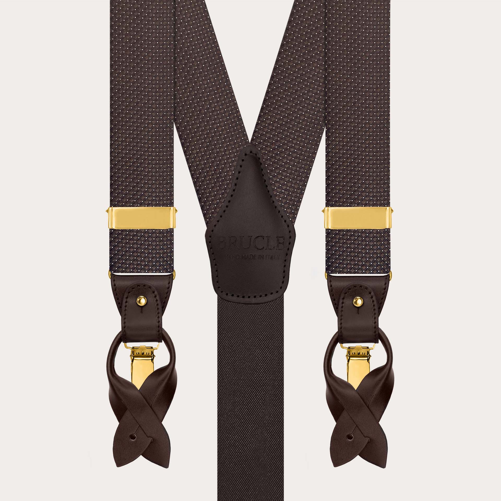 Men’s brown pin-dot silk suspenders with buttons and gold clips