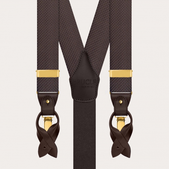 Men’s brown pin-dot silk suspenders with buttons and gold clips