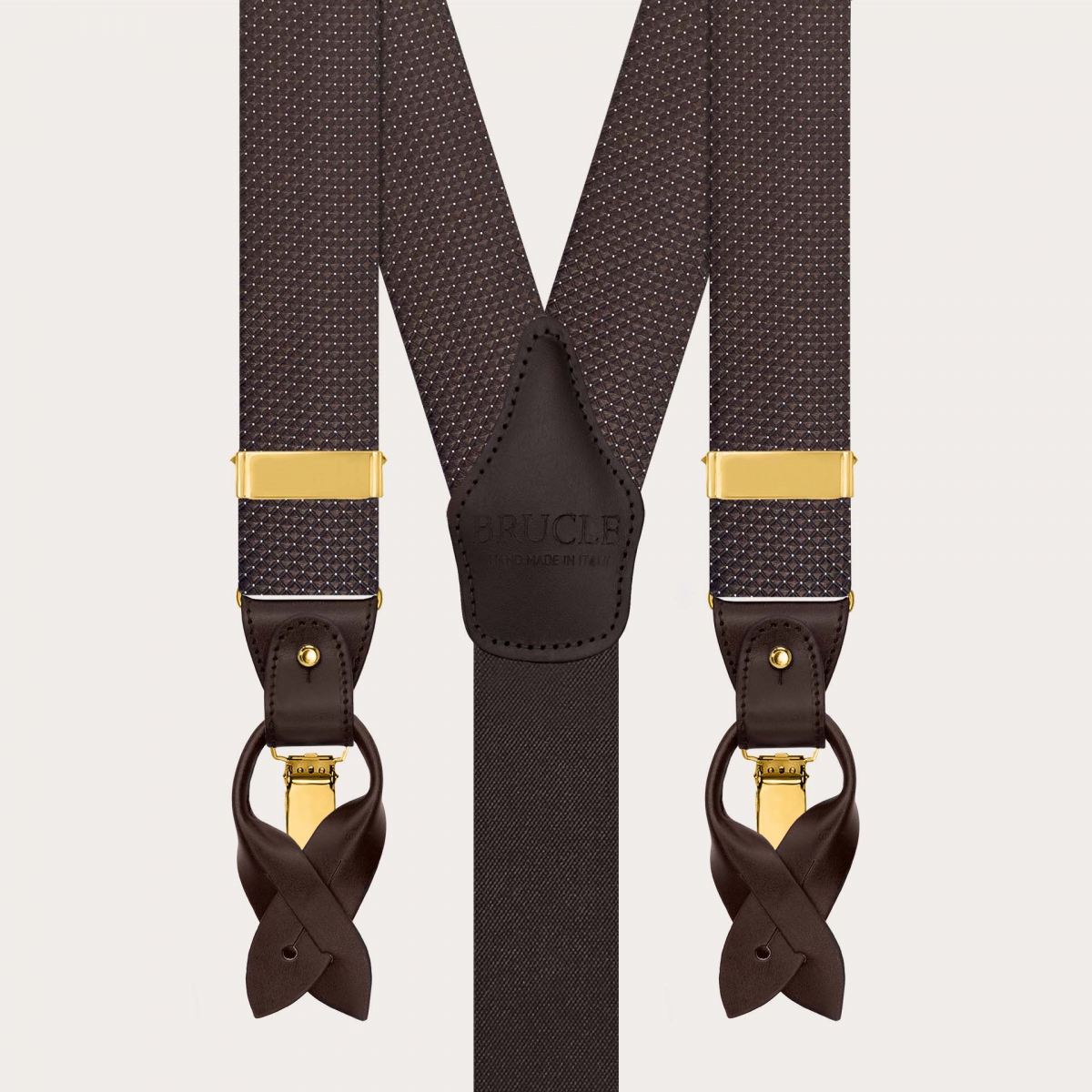 Men’s brown pin-dot silk suspenders with buttons and gold clips