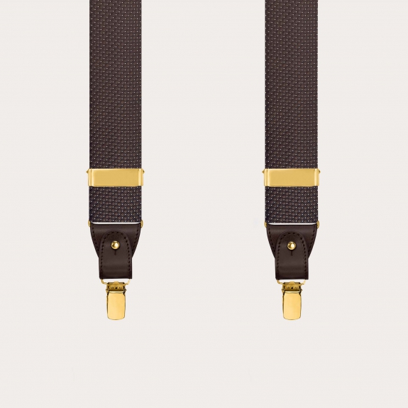 Men’s brown pin-dot silk suspenders with buttons and gold clips