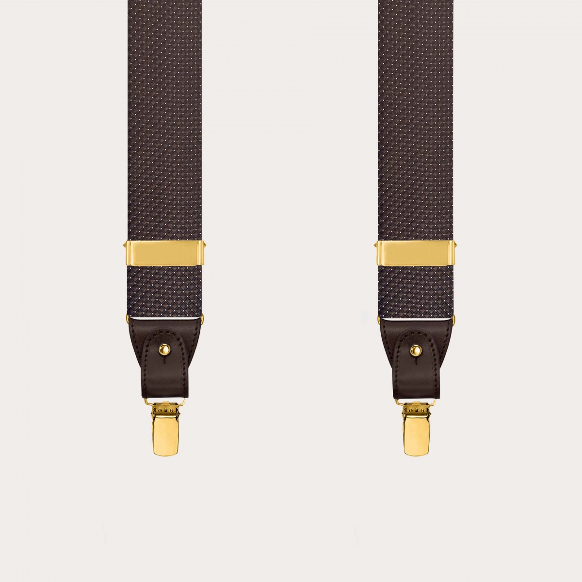 Men’s brown pin-dot silk suspenders with buttons and gold clips