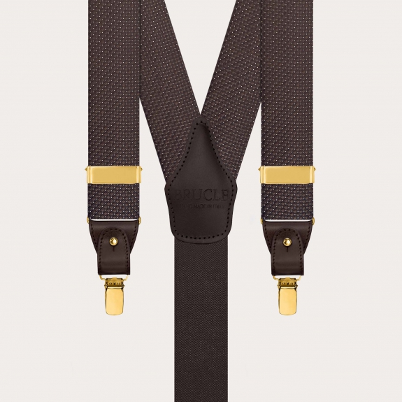 Men’s brown pin-dot silk suspenders with buttons and gold clips