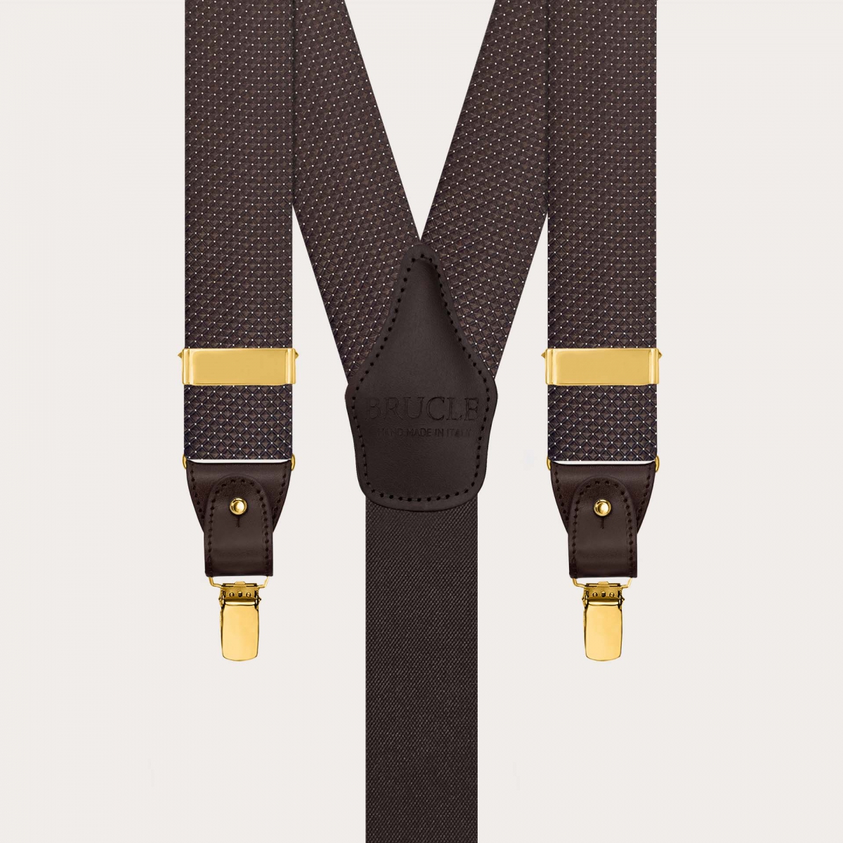 Men’s brown pin-dot silk suspenders with buttons and gold clips