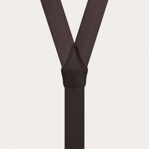 Bretelles homme marron à pois fins en soie avec boutons et pinces dorées