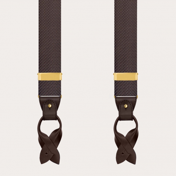 Men’s brown pin-dot silk suspenders with buttons and gold clips