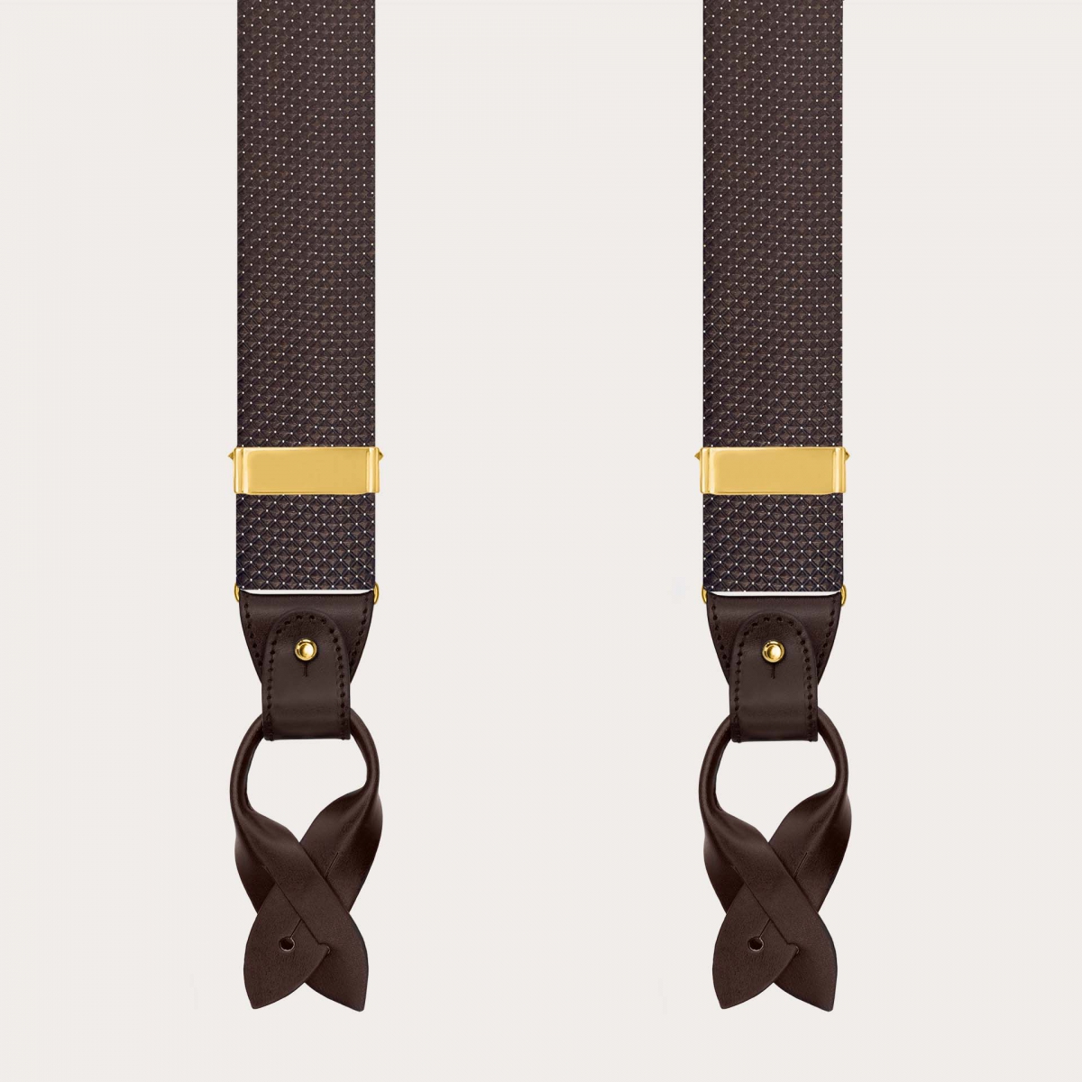 Men’s brown pin-dot silk suspenders with buttons and gold clips