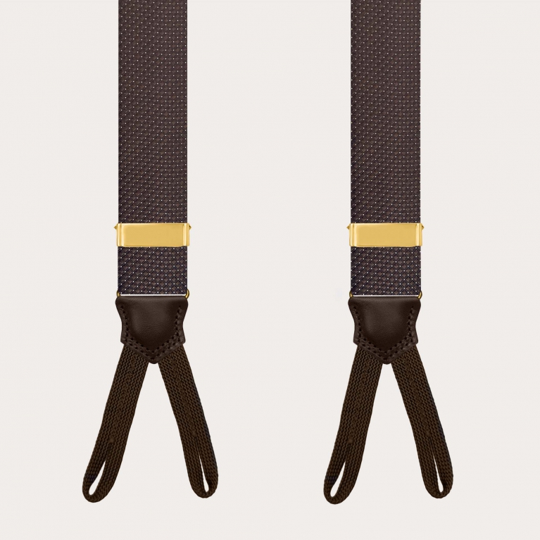 Braune Herren-Hosenträger aus Seide mit Punktmuster, goldenen Verstellern und Knöpfen