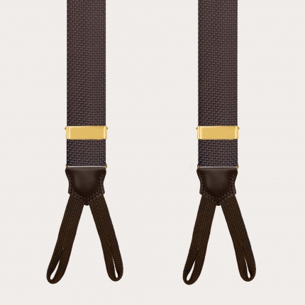 Bretelles homme marron en soie à pois fins avec régleurs dorés pour boutons
