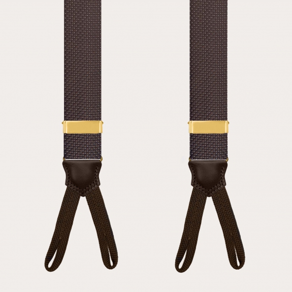 Men’s brown pin-dot silk suspenders with gold adjusters for buttons