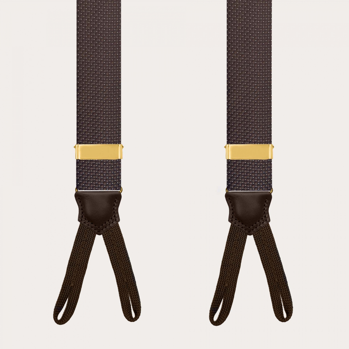 Tirantes de hombre marrones de seda puntaspillo con reguladores dorados para botones