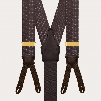 Men’s brown pin-dot silk suspenders with gold adjusters for buttons