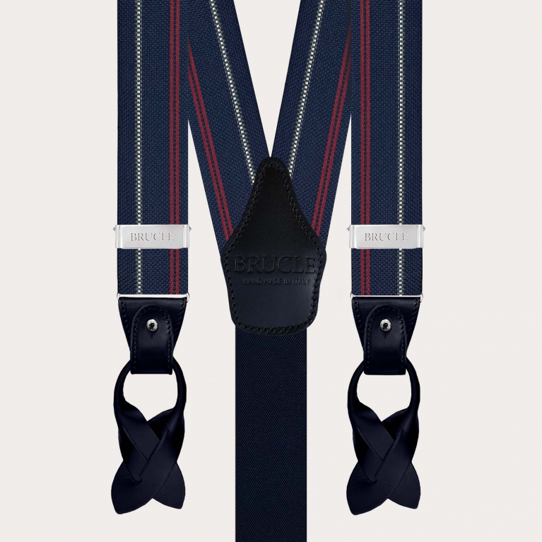 Blue silk suspenders with white and red stripes
